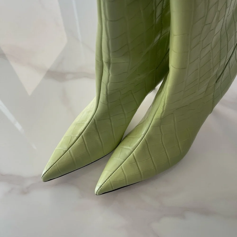 Zara Lime Green Croc-Embossed Heeled Boots - Picture 2 of 5